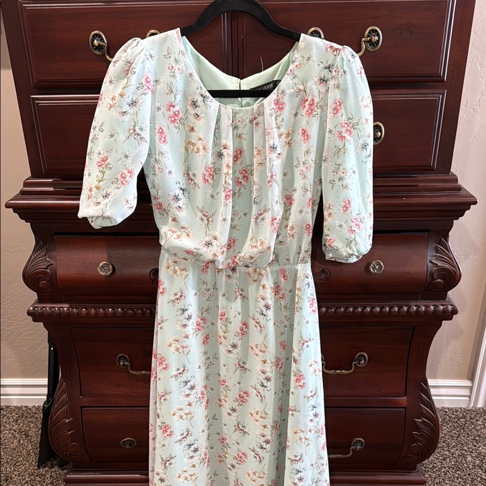 Green Pink Puff Sleeve Sundress with Scoop Neck